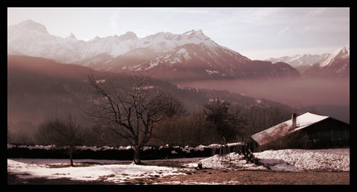trees winter snow mountains 20d rock sunrise canon landscape switzerland europe swiss chalets labri suisee