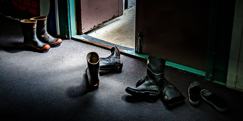 red band gumboots kids school primary shed boots door doorway light shadow hdr