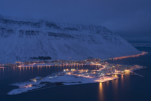 blue sea snow iceland nightlights afterdark isafjordur 10faves impressedbeauty