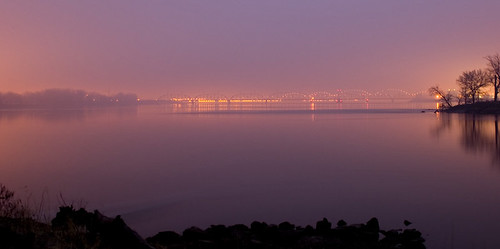 bridge water fog night iowa mississippiriver davenport