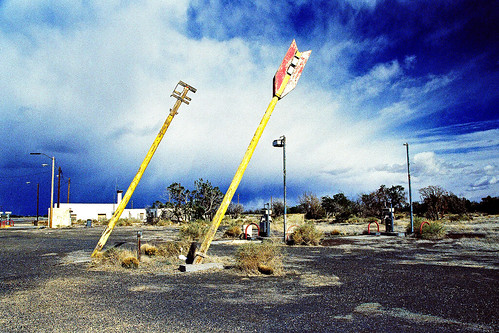 eyetwist 2007 ishootfilm nikon n90s nikkor 28105mmf3545d xpro crossprocess crossprocessed ishootfuji rdp fujichrome analog analogue emulsion film contrast saturated route66 arizona motherroad mother road roadtrip desert southwest arid dry usa us66 route 66 america americana photoimpact noritsukoki abandoned derelict empty truckstop truck stop bypassed interstate twinarrows twin arrows clouds sunset lonely trading post tradingpost twinarrowstradingpost gas gasoline nogas closed service station pumps i40 40 american west decay landmark