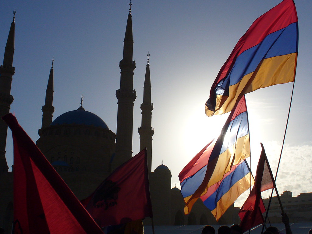 Armenian flags with Mosque background.
