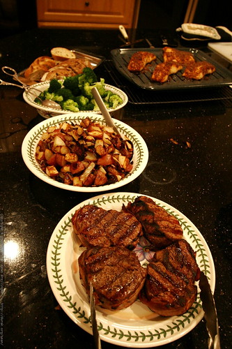 dinner: steak, potatoes, broccoli, salmon, bread    MG 1074