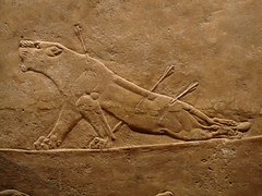 Ceremonial hunting of laws
lion: Untamed nature
King would hunt lion to show power
Lion's were brought into palace to get hunted
barely projects from the surface (low-relief)
King of Assyria
Painted over it; but sculpted it for durability