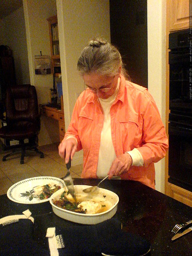 anna serving baked halibut and portabello mushrooms   DSC00055