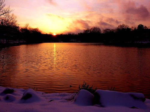 sunset sky orange sun lake reflection water clouds listeningto nj viewlarge watchunglake theclashthestoryoftheclash