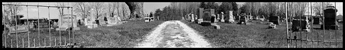 road sky blackandwhite bw panorama tree film cemetery grave fence 50mm fuji pentax pano horizon indiana fujifilm 135 bloomington gravestones 2007 pentaxzxm pentaxsmca50mmf17 fujifilmneopan100ss