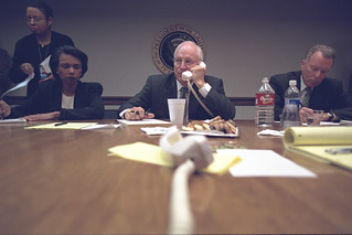 Vice President Cheney with National Security Advisor Condoleezza Rice and Chief of Staff I. Lewis "Scooter" Libby in the President's Emergency Operations Center (PEOC)