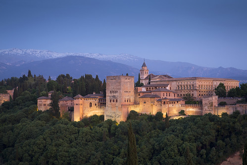 granada spain andalucia alhambra sunset evening the red one andalusia moorish palace roman fortifications mountains mountain snow peaks
