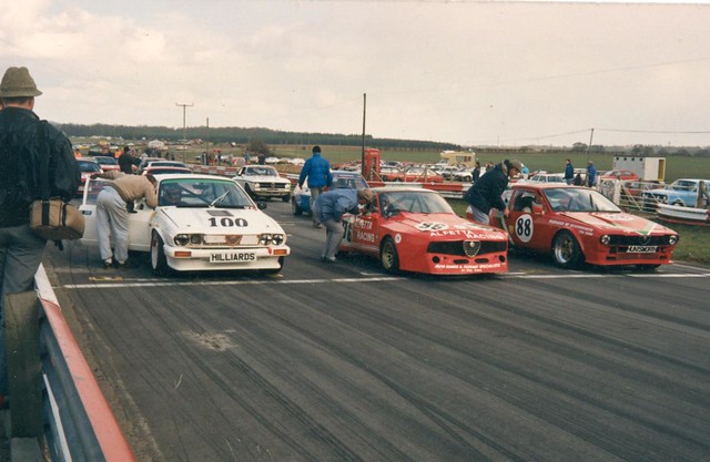 Peter Hilliard (GTV6), Roberto Giordanelli (Zagato) and Tim Stewart (GTV6) on the grid at Snetterton in 1987