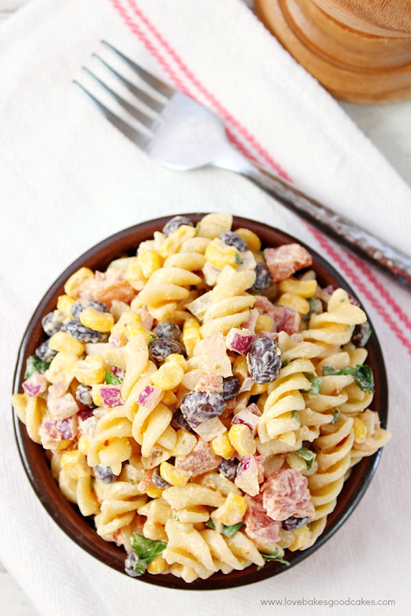 Creamy Chipotle Pasta Salad in a bowl with a fork.