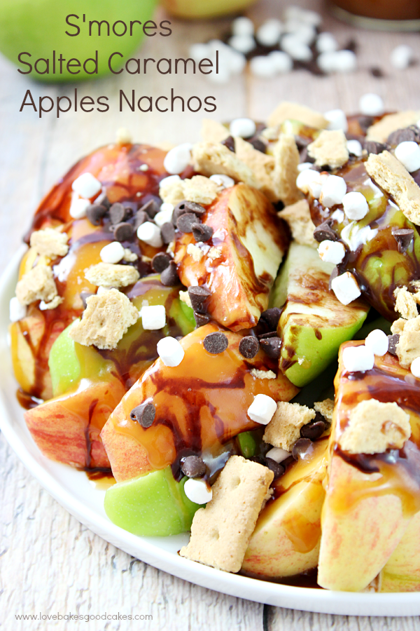 S'mores Salted Caramel Apple Nachos on a plate.