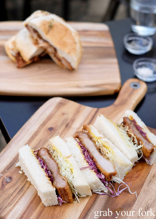 Katsusando pork fillet sandwich and Japanese fried chicken sandwich at Cafe Oratnek, Redfern