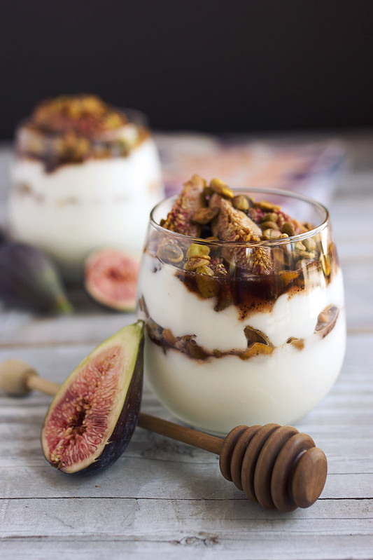 Honey Balsamic Roasted Fig and Toasted Pistachio Coconut Yogurt Parfaits