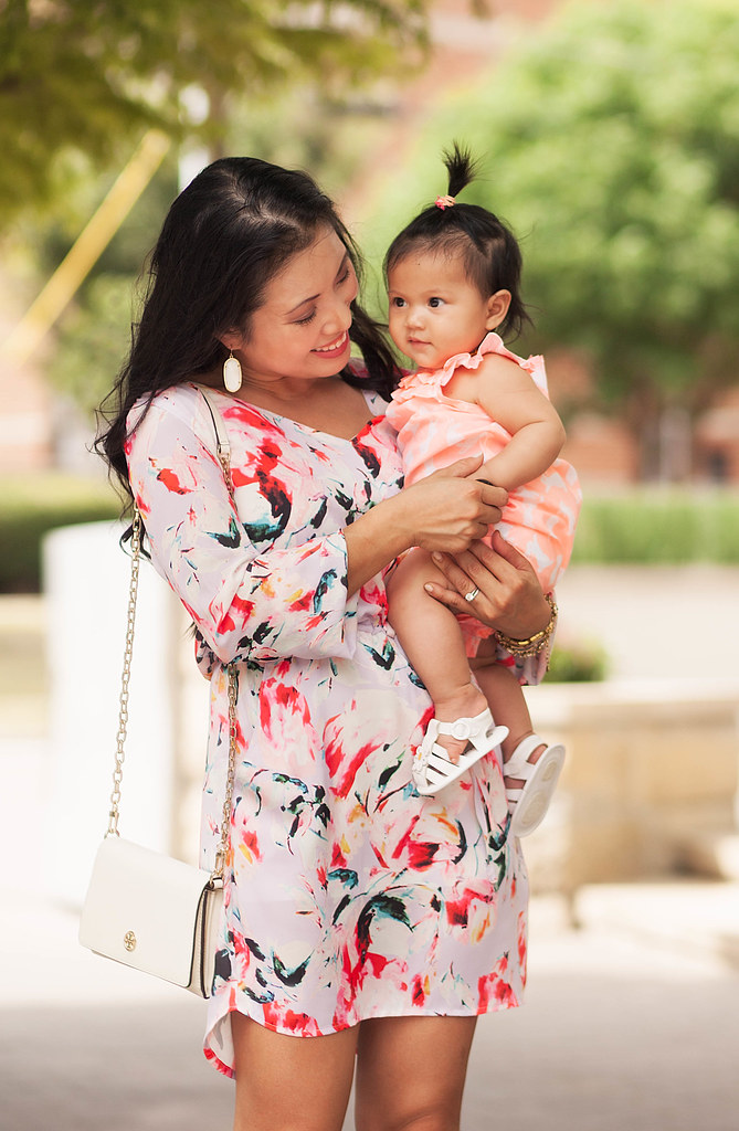 cute & little blog | petite fashion | lavender floral print dress, nude strappy sandals, kendra scott elle earrings | mommy and me | spring summer outfit