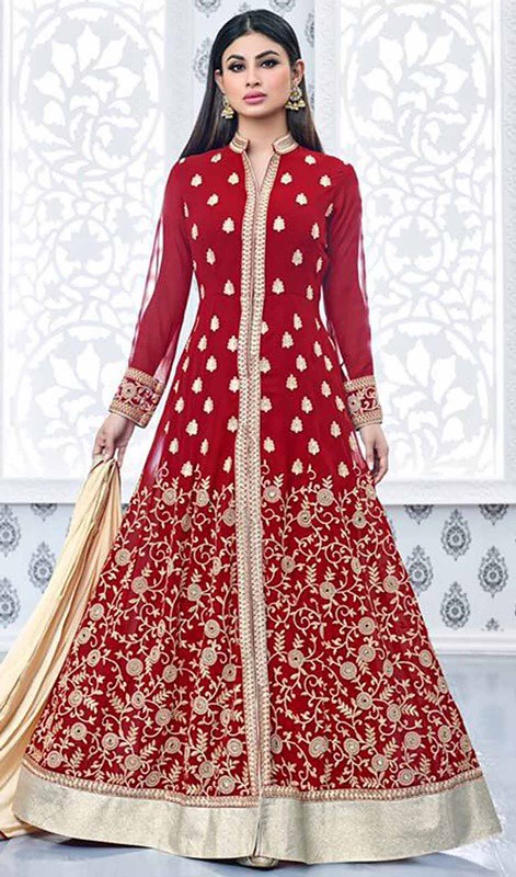Mauni Roy Red Color Georgette Embroidered Long Anarkali Suit