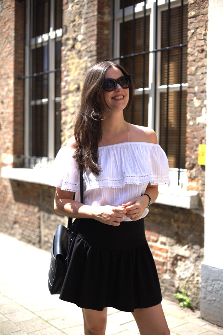 Outfit: off shoulder top, flared skirt