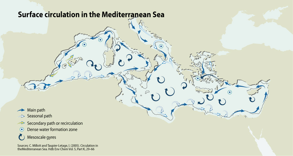 Sea water mass circulation in the Mediterranean Sea.