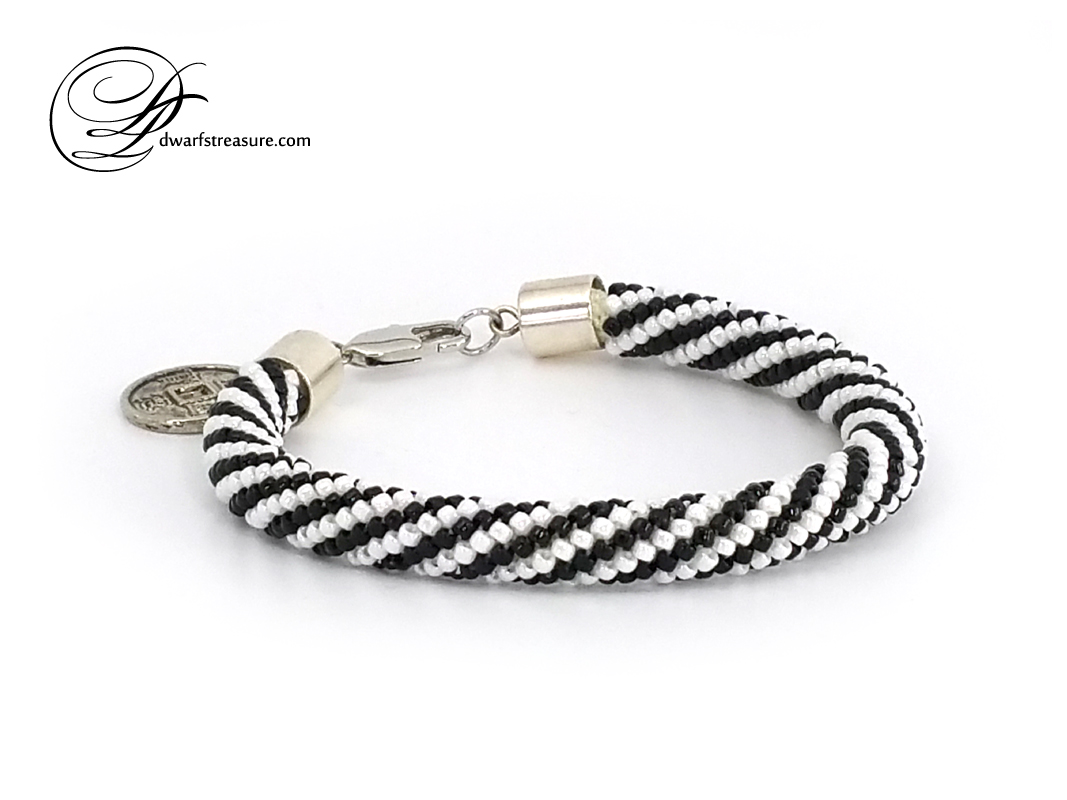 Classy black and white striped delicate beaded crochet bracelet
