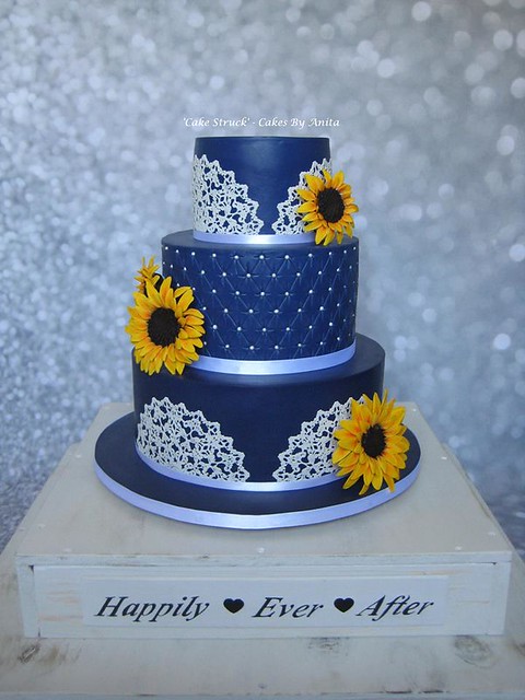 Royal Blue Wedding Cake with edible lace, quilting & handmade sunflowers from 'Cake Struck'- Cakes By Anita