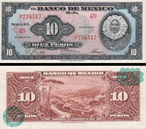 10 mexických pesos Mexiko 1967, Pick 58l