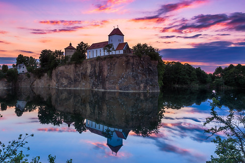 trees sunset sky lake reflection fall church water rock clouds rural sunrise germany landscape pond village sundown saxony dramatic leipzig sunsetglow quarry sights afterglow fortified brandis mountainchurch bergkirche beucha redeveningsky