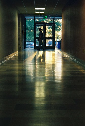 sunset evening silhouette school shadow floor exit door yellow