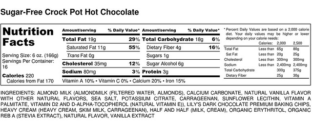 Sugar-Free Crock Pot Hot Chocolate - Nutrition Label