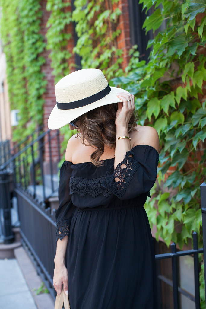 black off the shoulder dress summer dress weekend look nude sandals jcrew hat handbag professional blogger fashion blogger how to wear hats in the summer summer look beach casual
