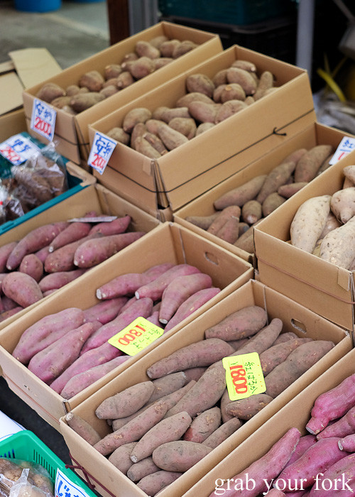 Sweet potatoes at the morning market in Kagoshima, Kyushu