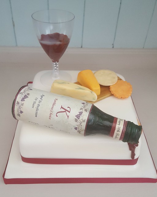 My take on wine, cheese and biscuits. handmade bottle with edible personalised label by Diane Berry of Berrynicecakes.