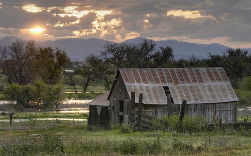 old sunset sky reflection water field clouds barn creek fence river colorado historic prairie agriculture frontrange weldcounty