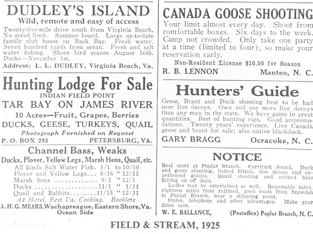 A classified ad in Field & Stream magazine in 1925 promoted duck hunting at False Cape State Park, Virginia