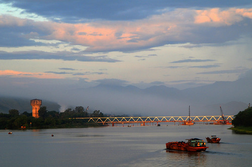 bridge sky cloud mountain sunrise river boat