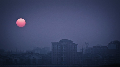 china sunset hot color horizontal buildings apartments view horizon humid jiangxi ganzhou 27c