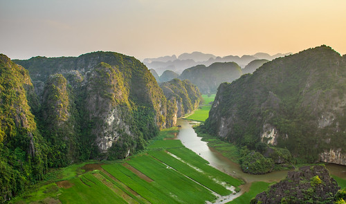 sunset mountain field river rice vietnam karst tam binh coc ninh