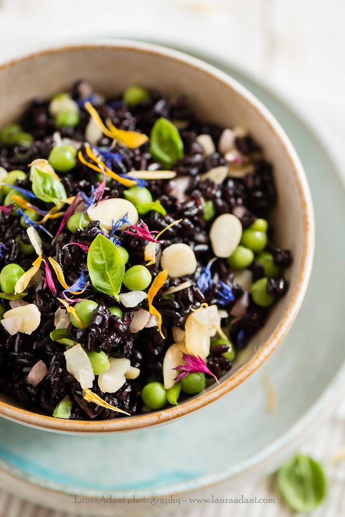 black rice with peas, almond and basil