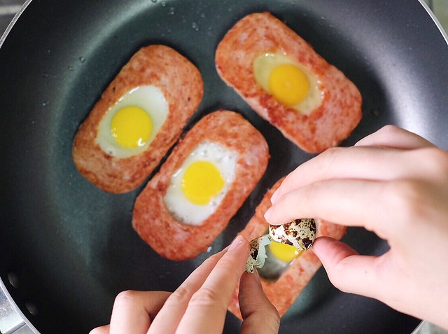 Egg in the hole with Luncheon Meat