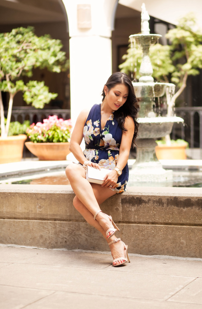 cute & little blog | petite fashion | navy floral halter romper, steve madden provence nude heels, tory burch crossbody | spring summer outfit