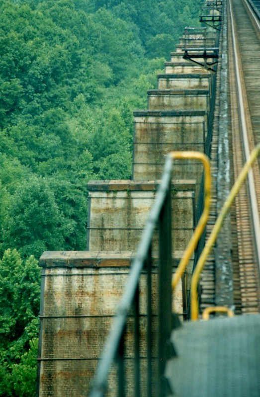 Active rail line, the pillars to the left still stand today -  High Bridge Trail State Park, Virginia