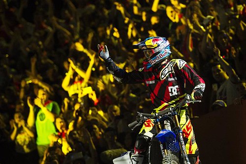 Tom Pages of France celebrates his victory during the finals of the third stage of the Red Bull X-Fighters World Tour at the Plaza de Toros de Las Ventas in Madrid, Spain on July 10, 2015. // Joerg Mitter / Red Bull Content Pool // P-20150711-00030 // Usa