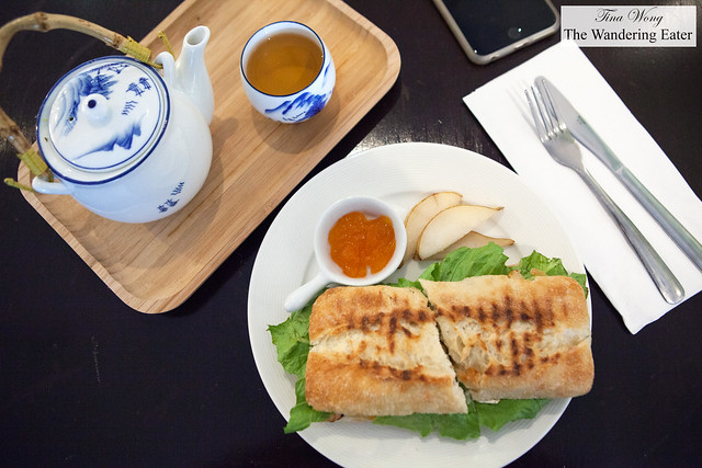 Light lunch of chicken panini with pear and apricot jelly served with L'Opera de Pekin tea