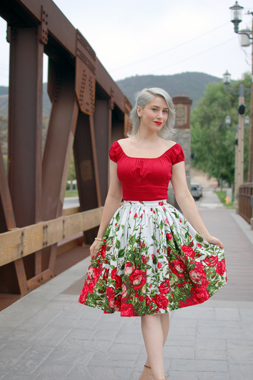 Pinup Girl Clothing Jenny skirt in Red Floral Border print