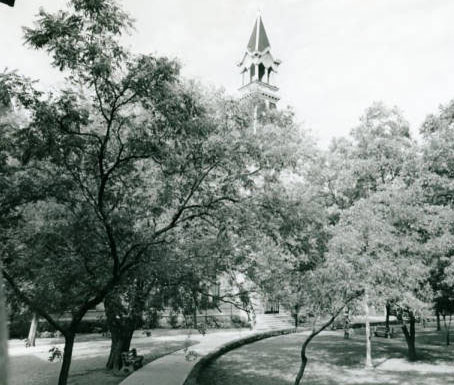 Burleson Quadrangle looking at Old Main, Baylor University, circa 1920s-1930s