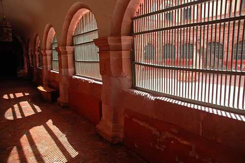 Interior of the former San Franciscan convent with its terracotta walls with arched windows in Guadalupe, Mexico