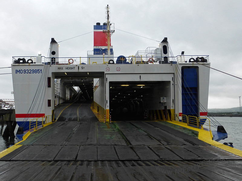 Stena Mersey - View of the vehicle deck entrance/stern door and lowered ramps.