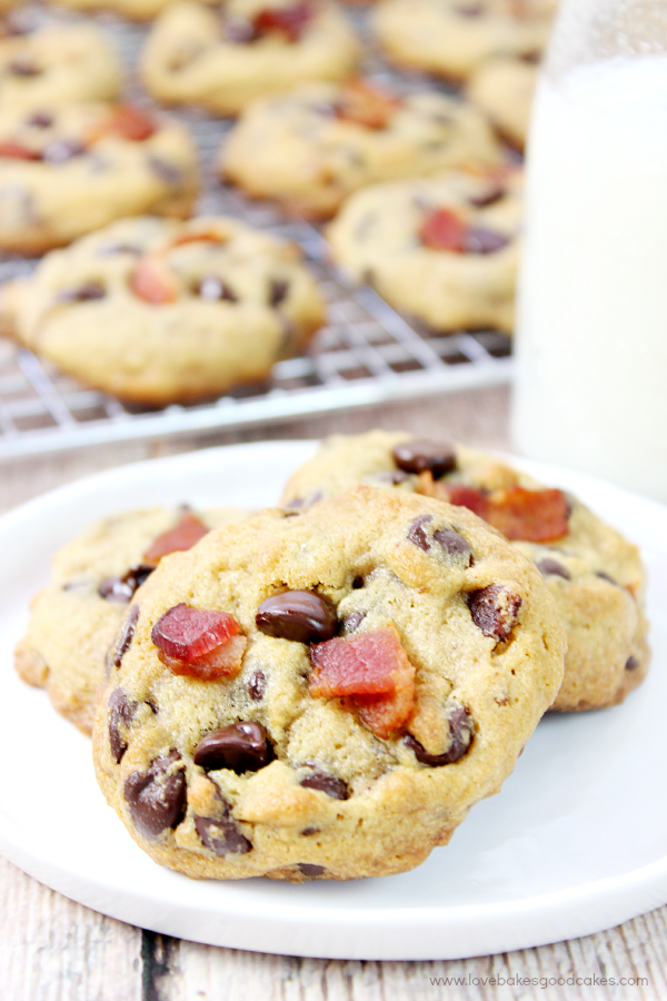 Maple Bacon Chocolate Chip Cookies on a plate.