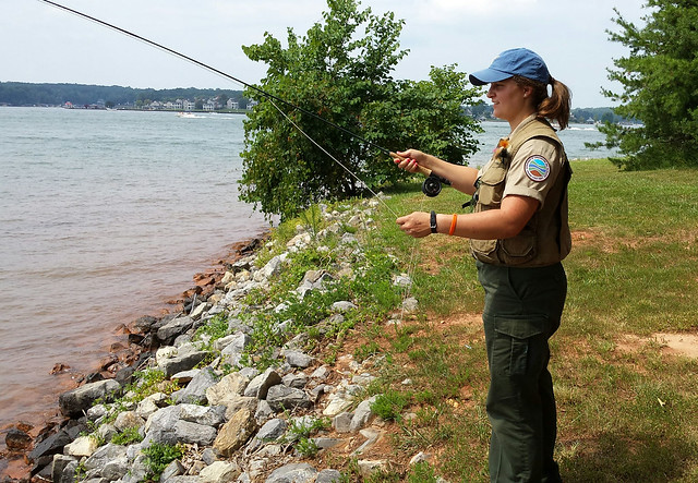 Casey Soper tries out her fly casting rod at Smith Mountain Lake State Park, Virginia