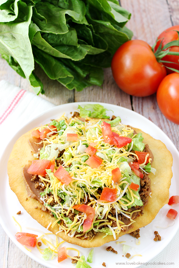 Fry Bread Taco on a white plate with tomatoes and lettuce.