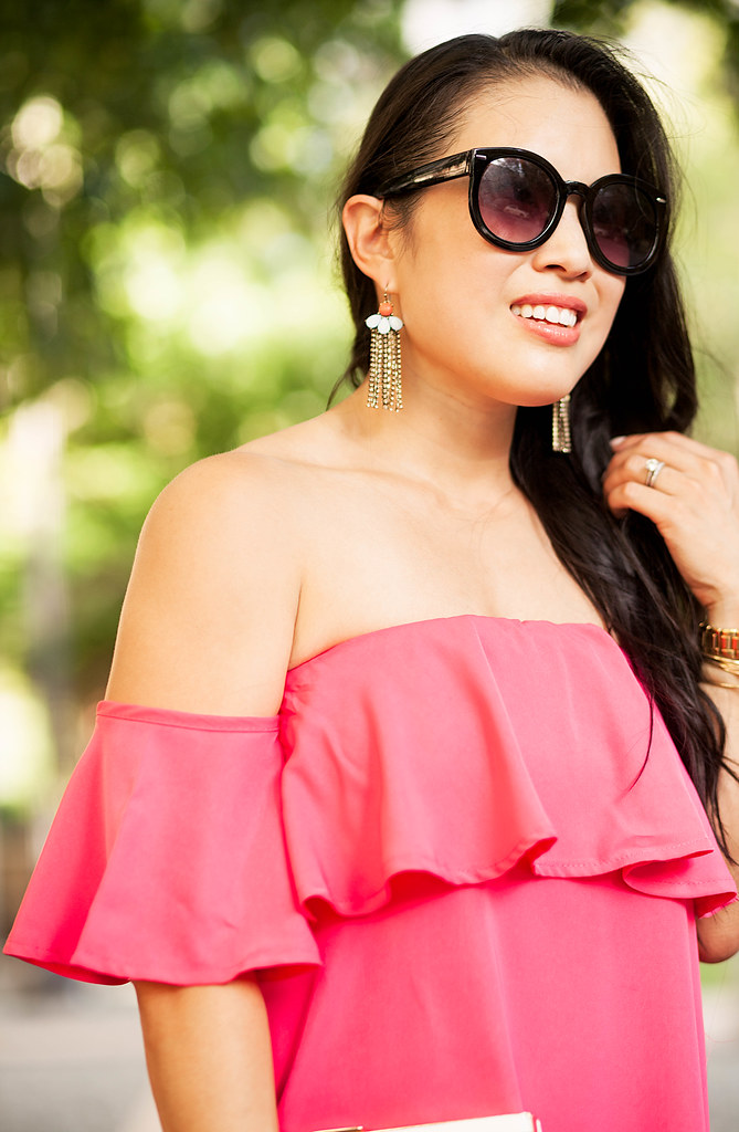 cute & little blog | petite fashion | pink off-shoulder ruffle dress, baublebar statement earrings | spring summer outfit